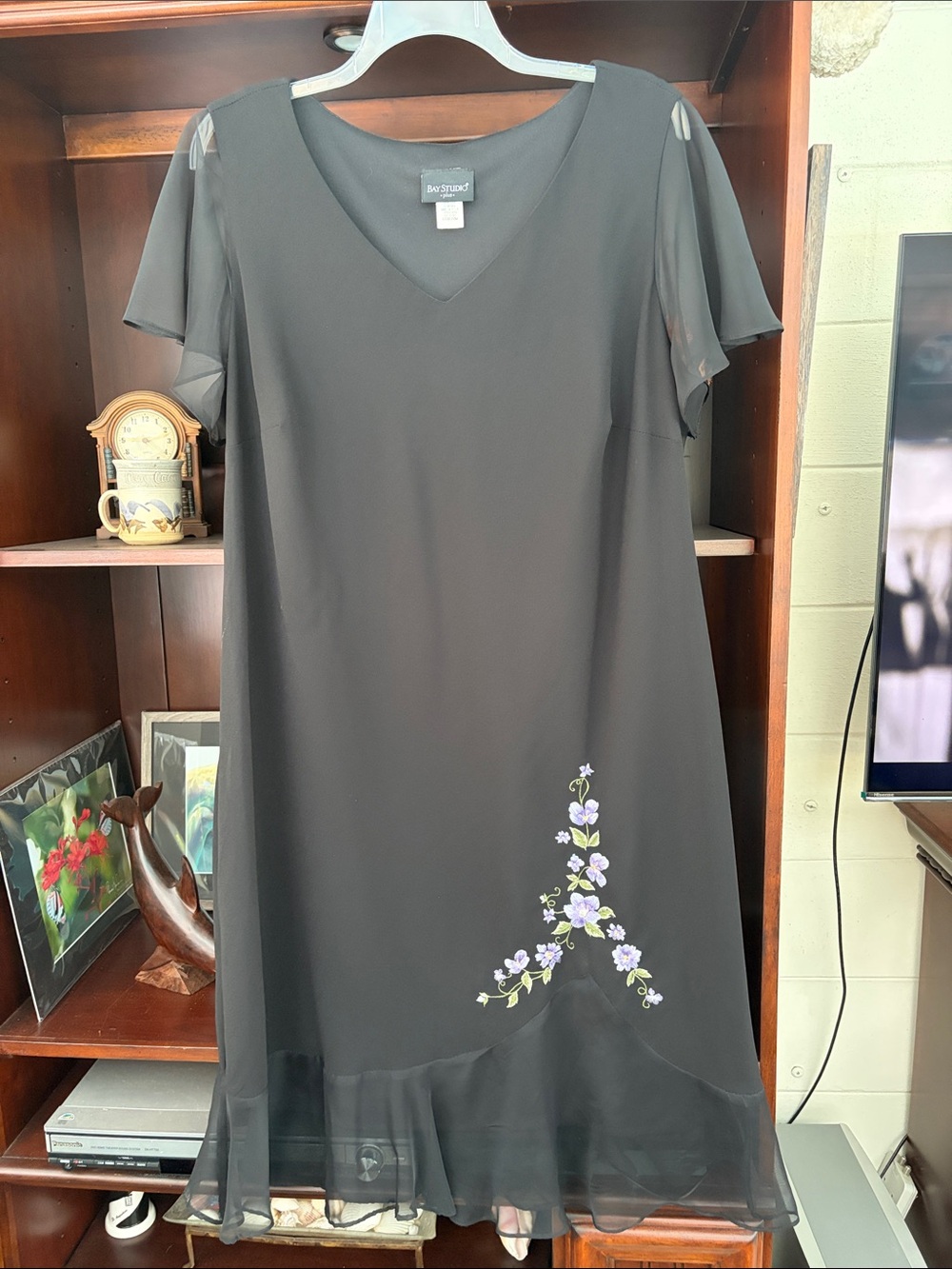 Bay Studio Black V-Neck Midi Dress with Lavender Floral Accent